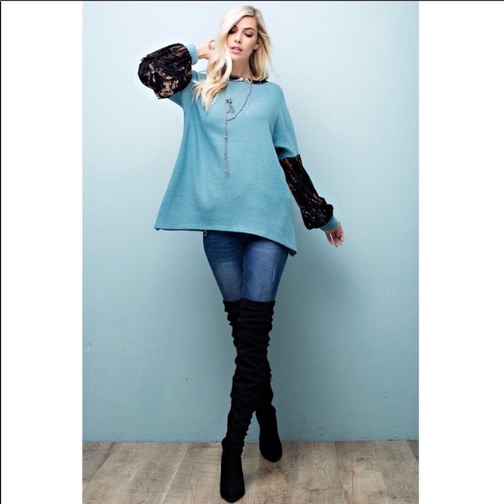 ❤️Brushed Knit Velvet Detail Lantern Sleeve Tunic! - Picture 3 of 5